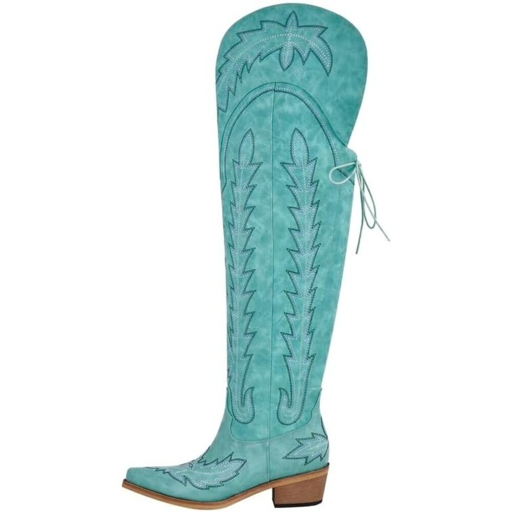 Women Turquoise Polyurethane Over the Knee Adjustable Thigh High Cowgirl Boot